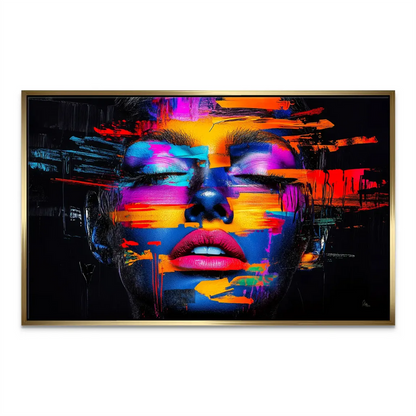 Vivid yellow and purple neon portrait on black canvas for living room
