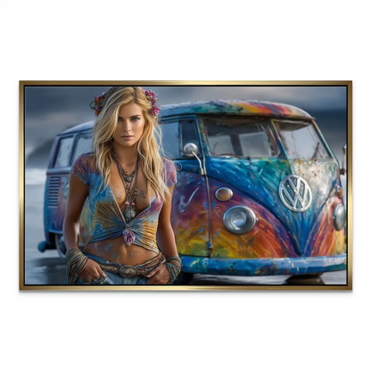Living room-ready wall art featuring a boho chic woman and a vivid van scene