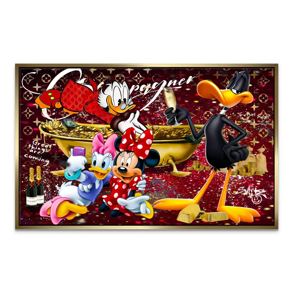 Bold red backdrop with gold and white accents in a modern cartoon celebration wall art.