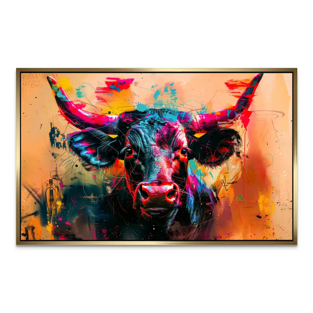 Vivid neon colors and dynamic brushstrokes on a centered bull artwork