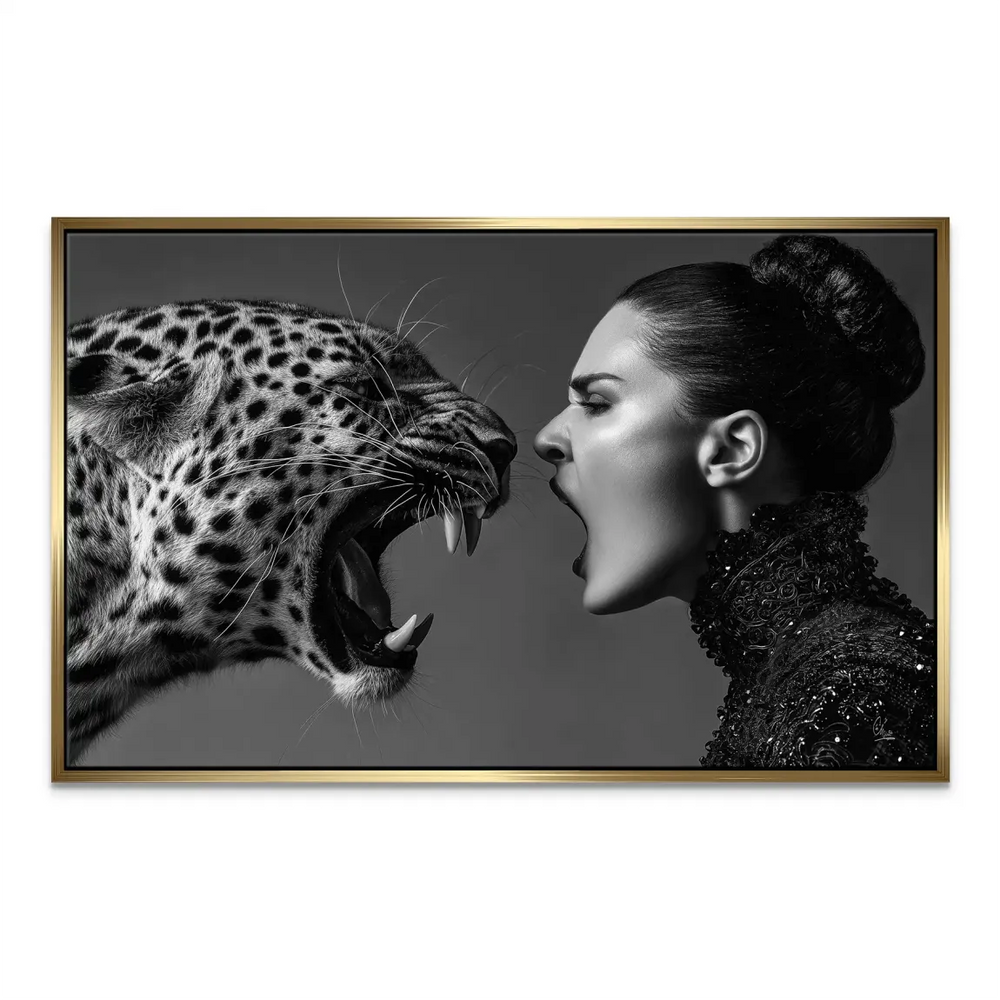 Dramatic contrast wildlife and human figure in bold wall art.