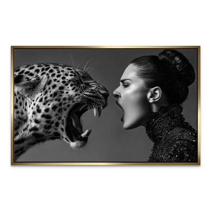 Dramatic contrast wildlife and human figure in bold wall art.
