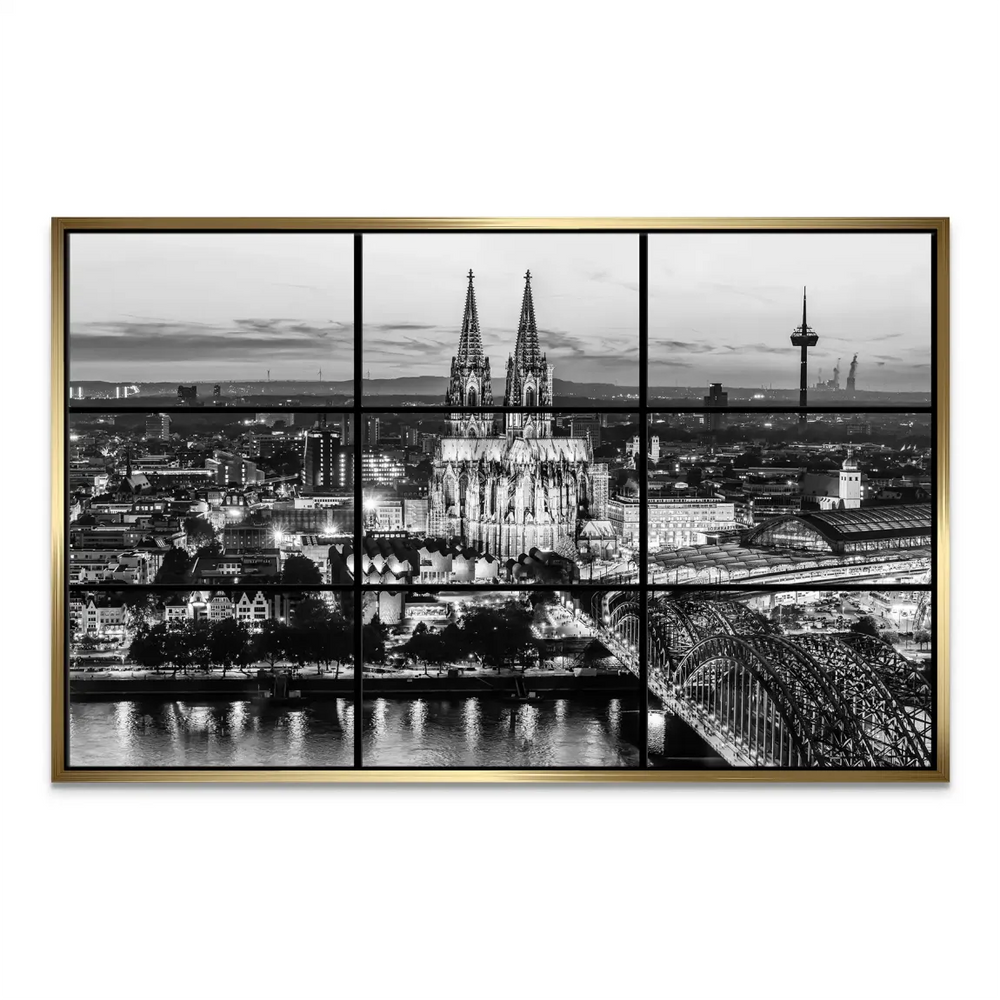 Architectural detail of Cologne Cathedral in high-contrast black and white