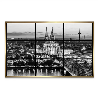 Architectural detail of Cologne Cathedral in high-contrast black and white