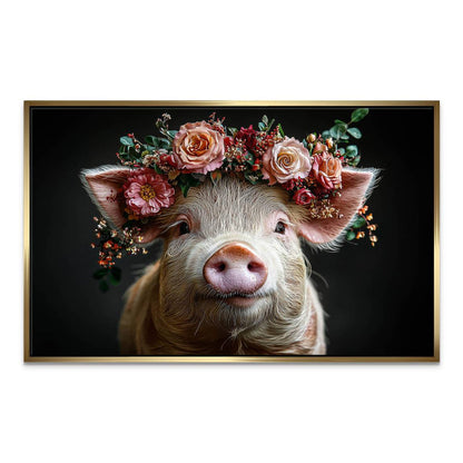 Piglet looking at the viewer with soft pastel floral crown