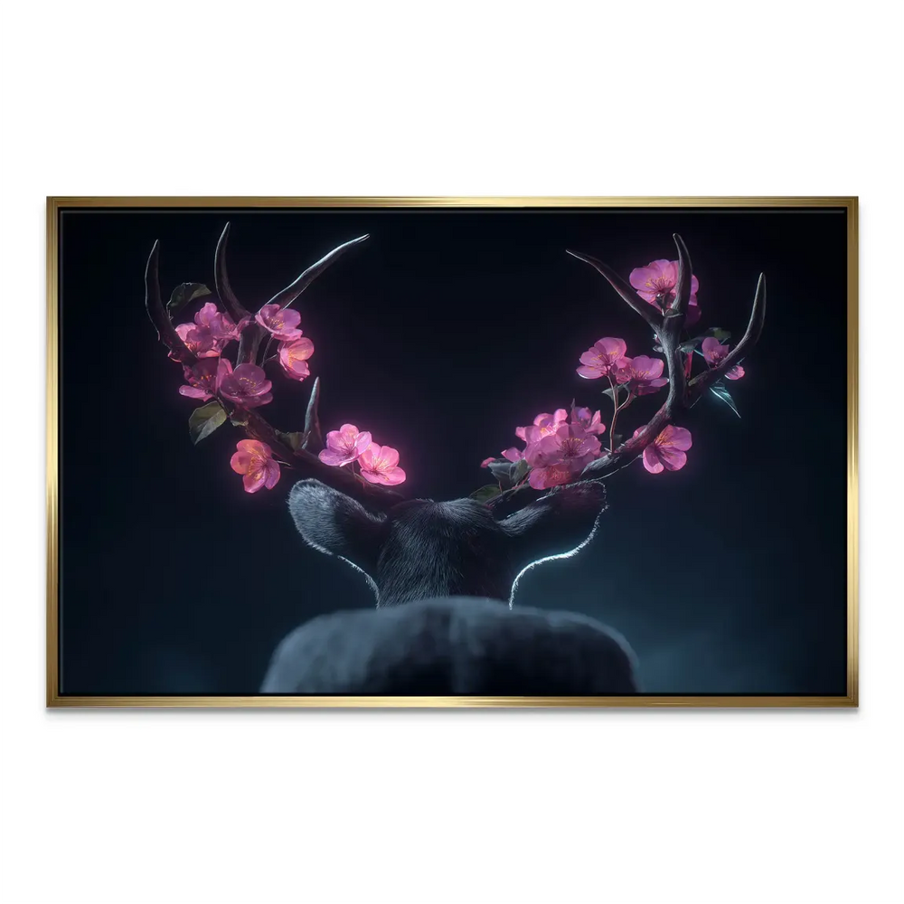 Antlered deer with glowing cherry blossoms in a surreal woodland scene