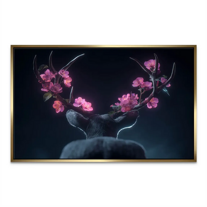 Antlered deer with glowing cherry blossoms in a surreal woodland scene