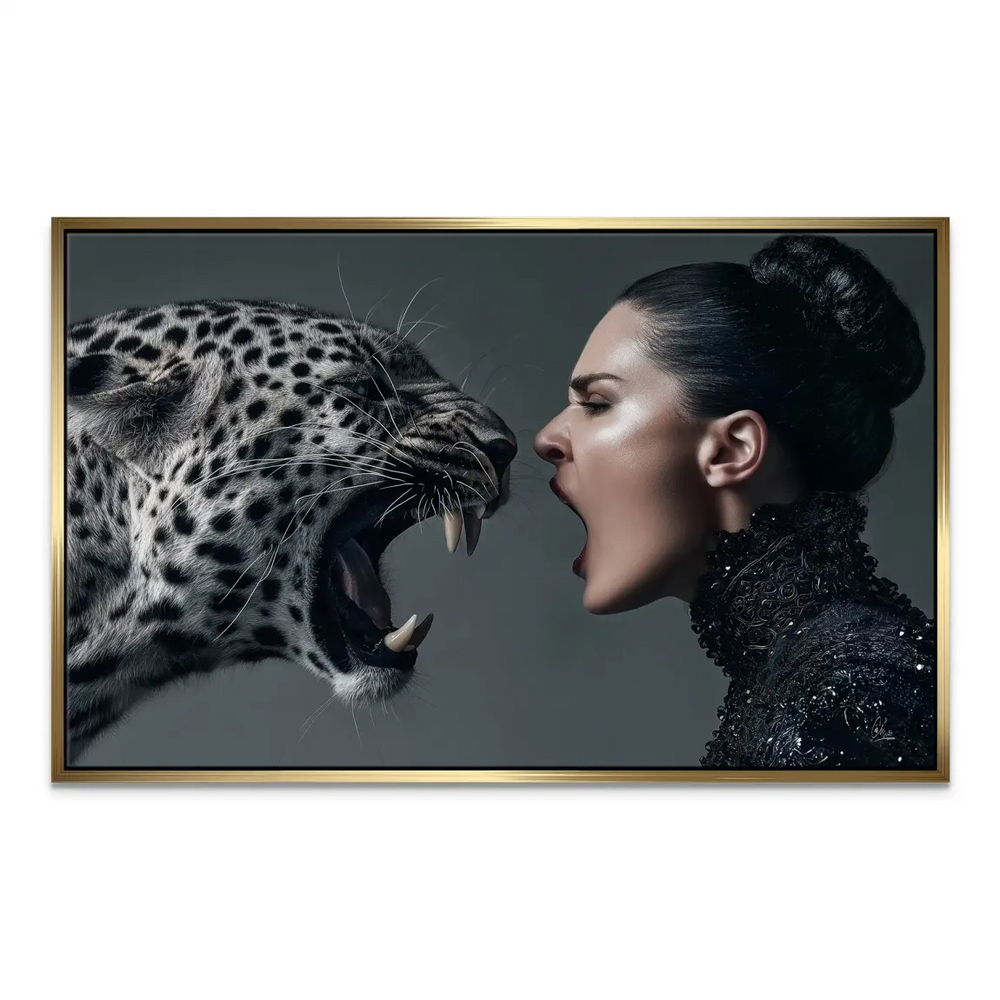 Monochrome canvas depicting a leopard and woman in profile for bold interior décor.