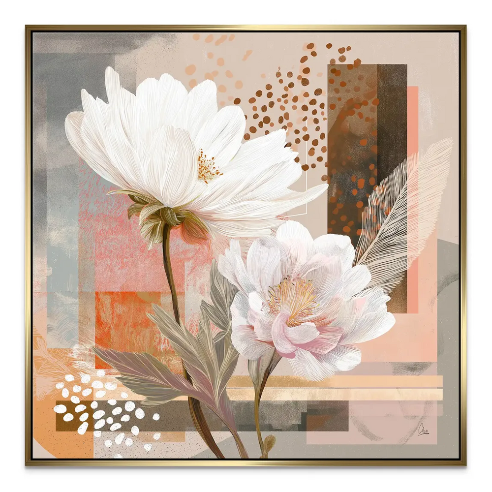 Neutral color palette of beige, grey, peach, and terracotta in modern wall art.
