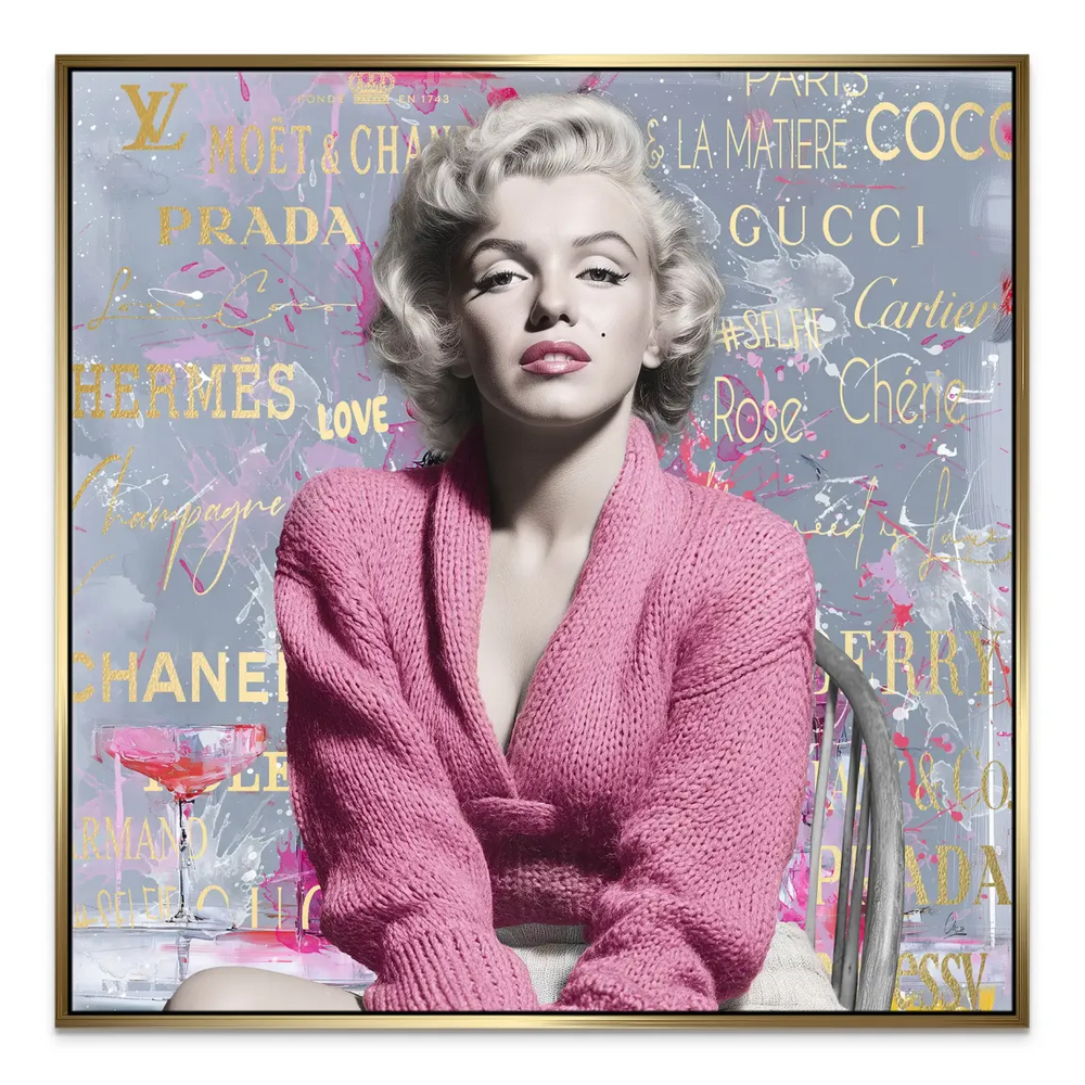 Gold brand logos on the background with pink paint splatters