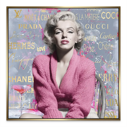 Gold brand logos on the background with pink paint splatters