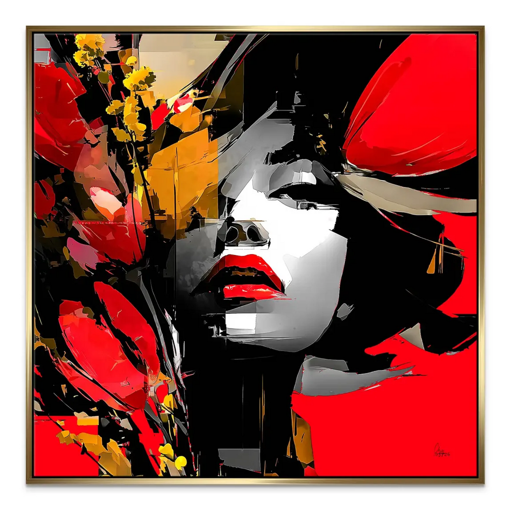 Abstract portrait on canvas with dramatic black, white, red color palette.