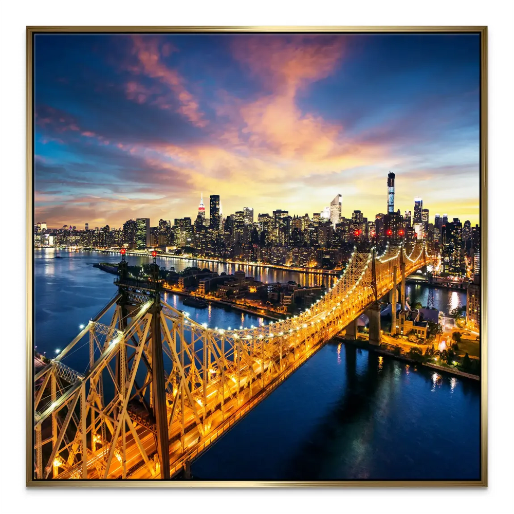 Bold urban wall art in gold and blue tones showcasing Manhattan
