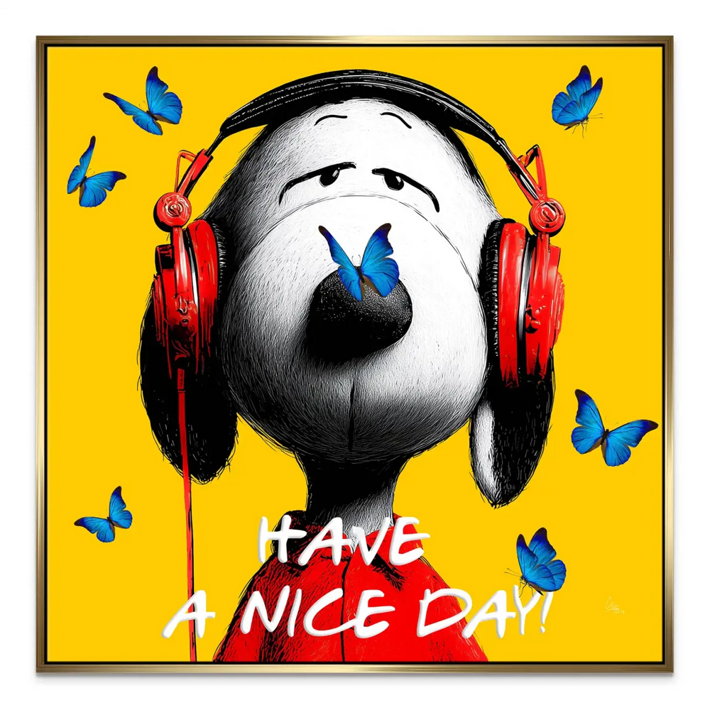 Vivid blue butterflies surround Snoopy in this playful canvas