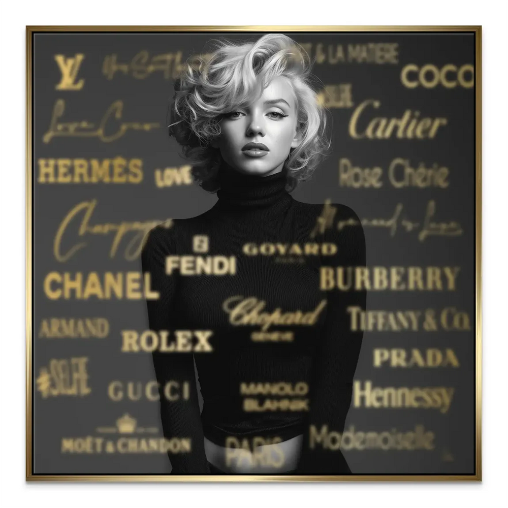 Iconic Hollywood glamour artwork in grayscale with gold foil branding.