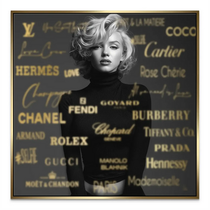Iconic Hollywood glamour artwork in grayscale with gold foil branding.