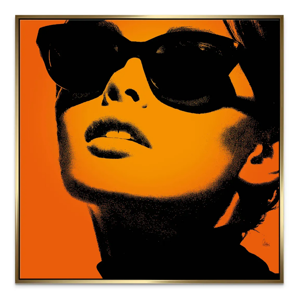 Statement wall decor: stylish woman gazing upward in a bold Pop Art piece.