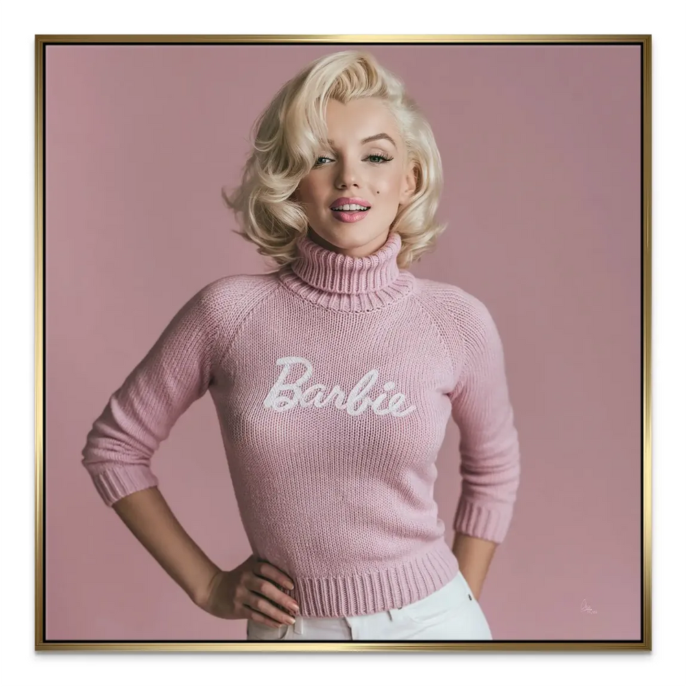 Bold portrait of Marilyn Monroe as Barbie against a light pink background