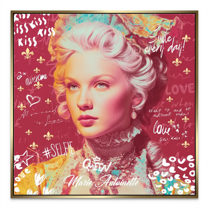 Rococo-era fashion merged with modern pop art and street art on a canvas.