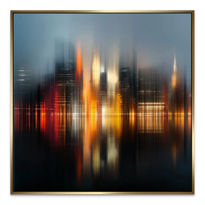 Impressionistic NYC night scene on canvas with reflective water and dramatic vertical lines.