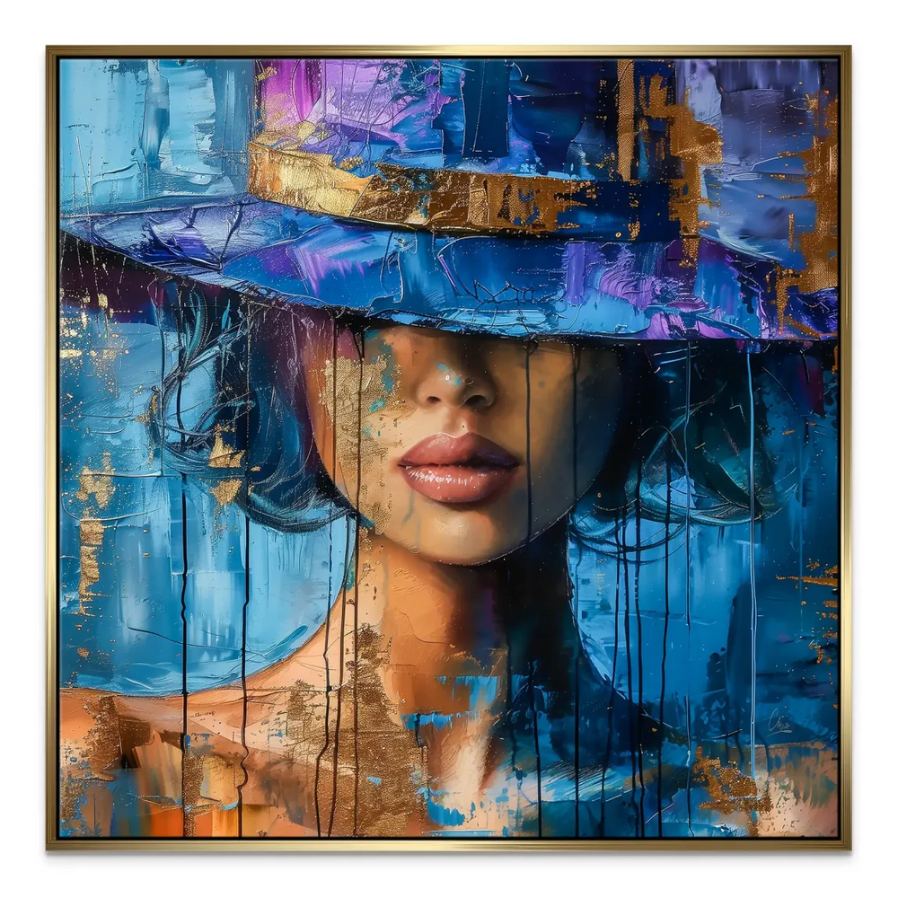 Emphasized lips on the abstract portrait with gold accents for a glamorous touch