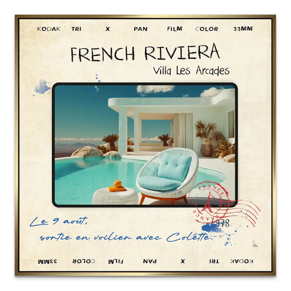 Red and blue postal stamps on a vintage travel postcard motif.