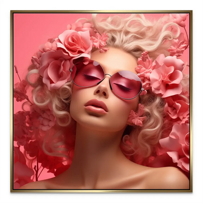 Glossy pink lips and chic accessories framed by a floral canvas