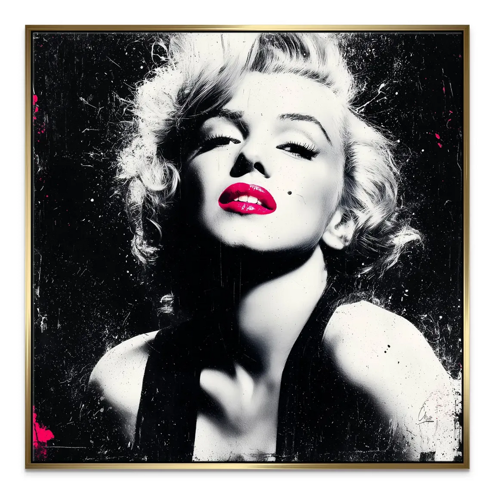 Neon pink lips accent on classic Hollywood glamour artwork on canvas