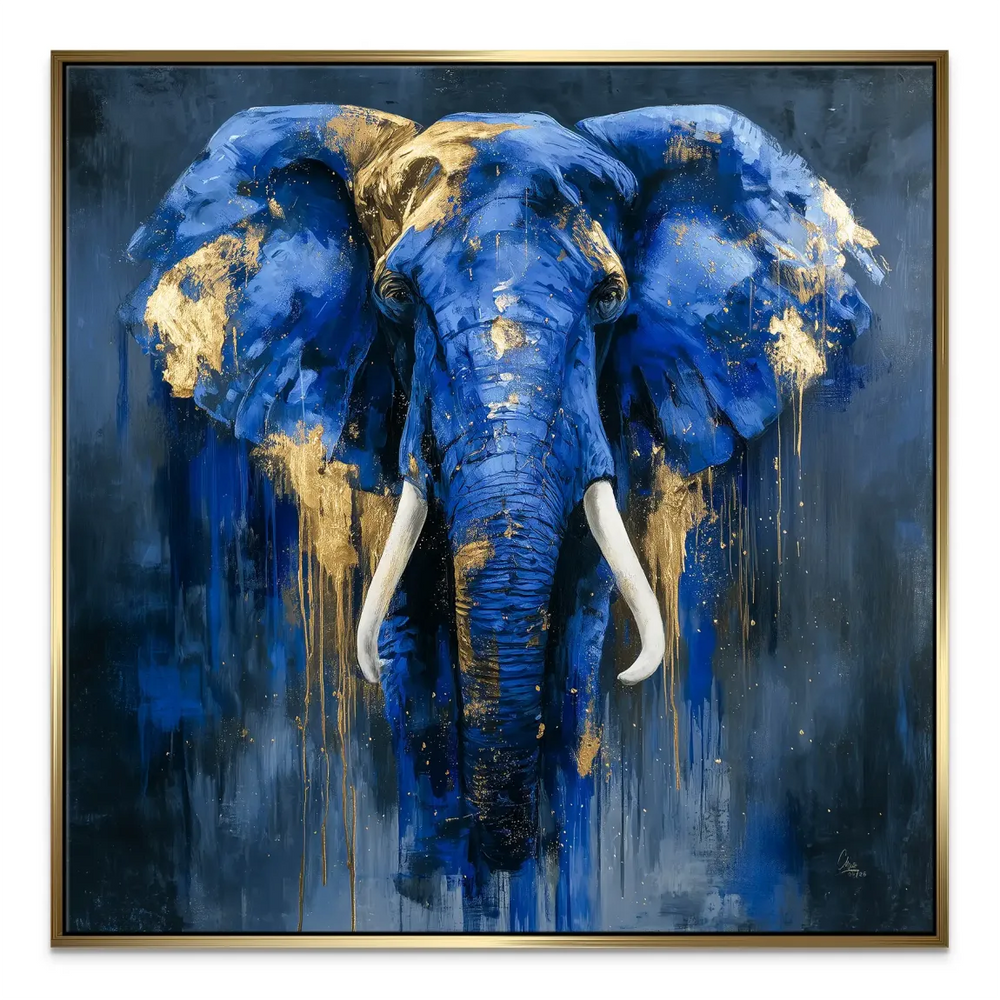 Gold streaks on blue elephant canvas art for contemporary interiors