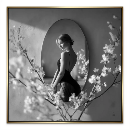 Velvet Muse Canvas Portrait - Black and White Woman Reflected in Mirror - Image 5