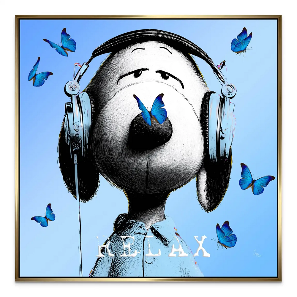 The word RELAX printed on Snoopy's light blue shirt