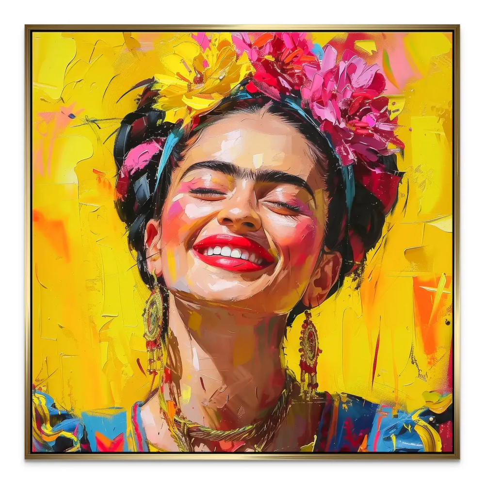 Colorful wall decor showing pinks, blues, and oranges in Frida Kahlo-inspired design