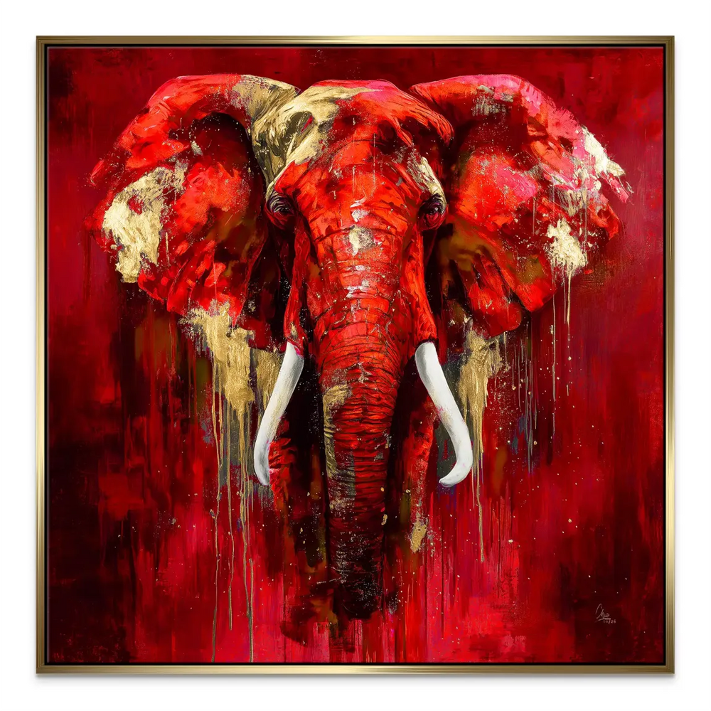 Symmetrical elephant canvas with gold drips and luxurious look