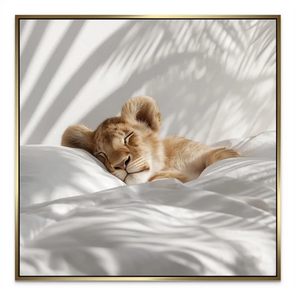 White bedding and palm leaf shadow texture in a calm lion cub canvas