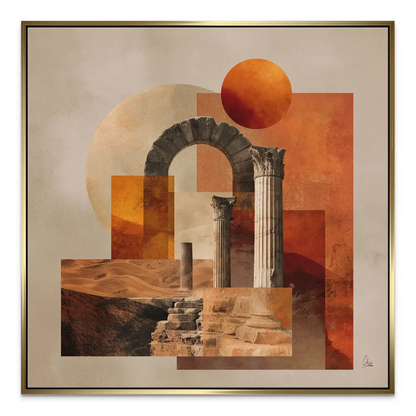 Composite wall art showing columns, an arch, and weathered steps blended with circles and rectangles in orange tones.