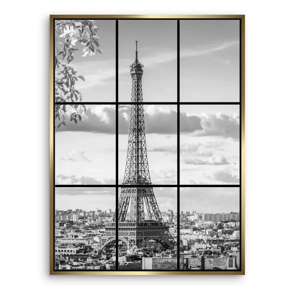 Window-framed Paris panorama in black and white, ideal for modern interiors.