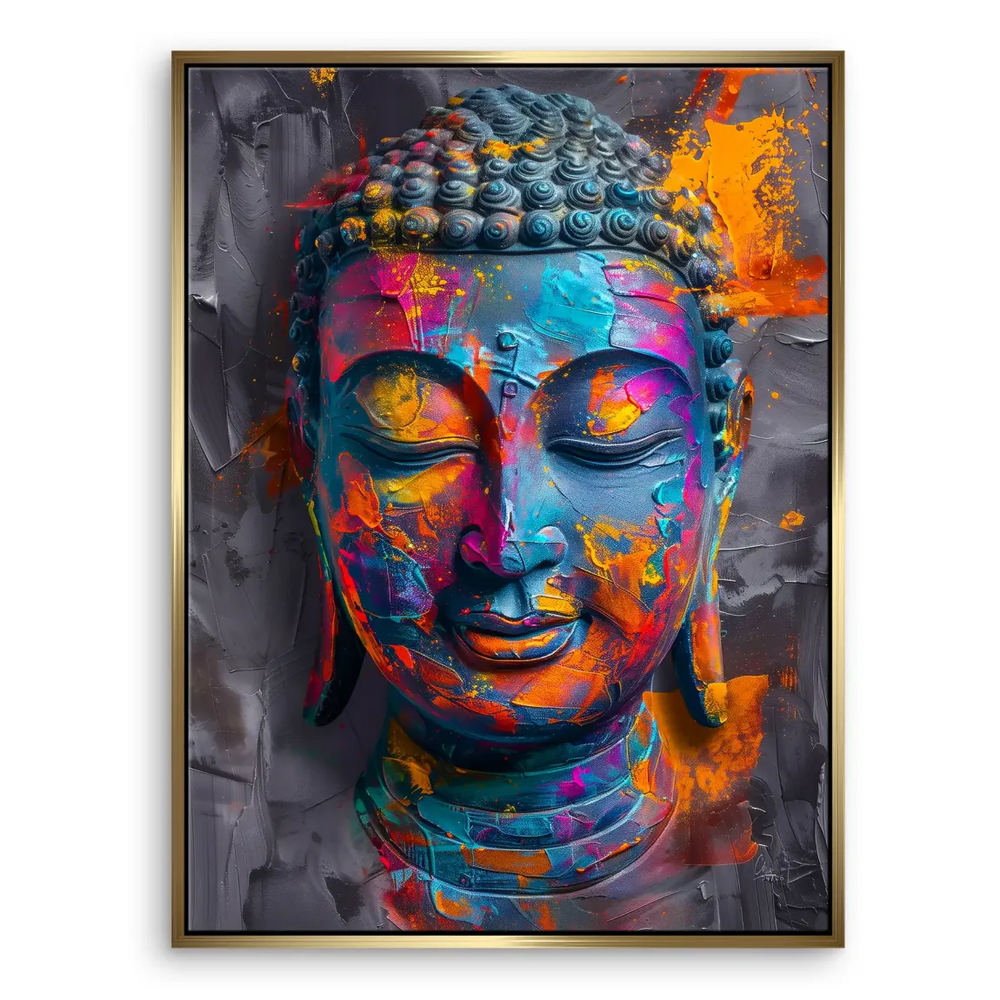 Pop art-inspired Buddhist art with neon blues and pinks.