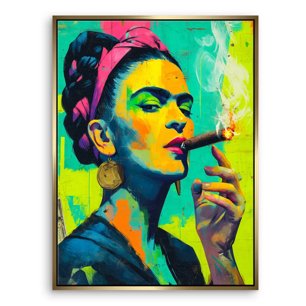 Full view of the Frida Kahlo pop graffiti canvas print displayed in a contemporary eclectic room