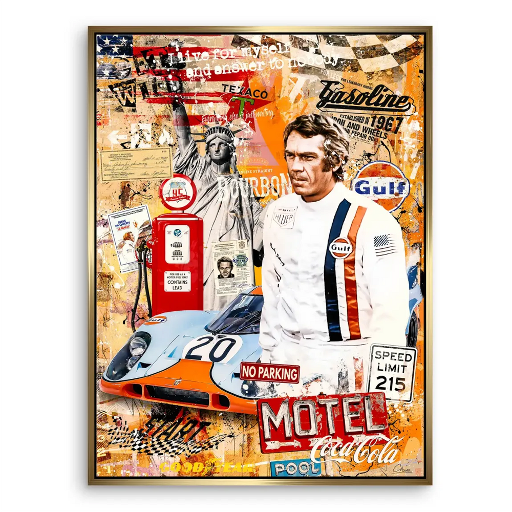 Retro Americana motifs and automotive imagery convey a energetic, nostalgic mood in a modern setting.