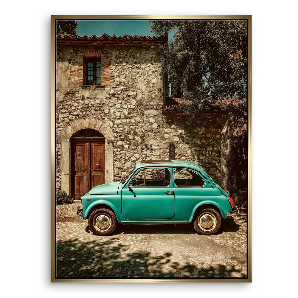 Sunlight filters through olive trees, creating dappled shadows on the street.