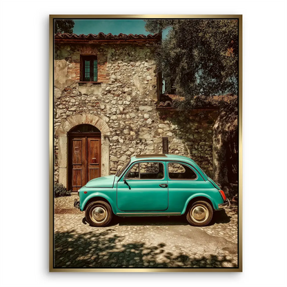 Sunlight filters through olive trees, creating dappled shadows on the street.
