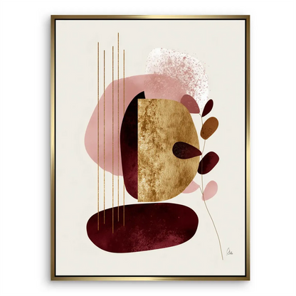 Creamy background with burgundy and pink shapes and subtle leaves motif