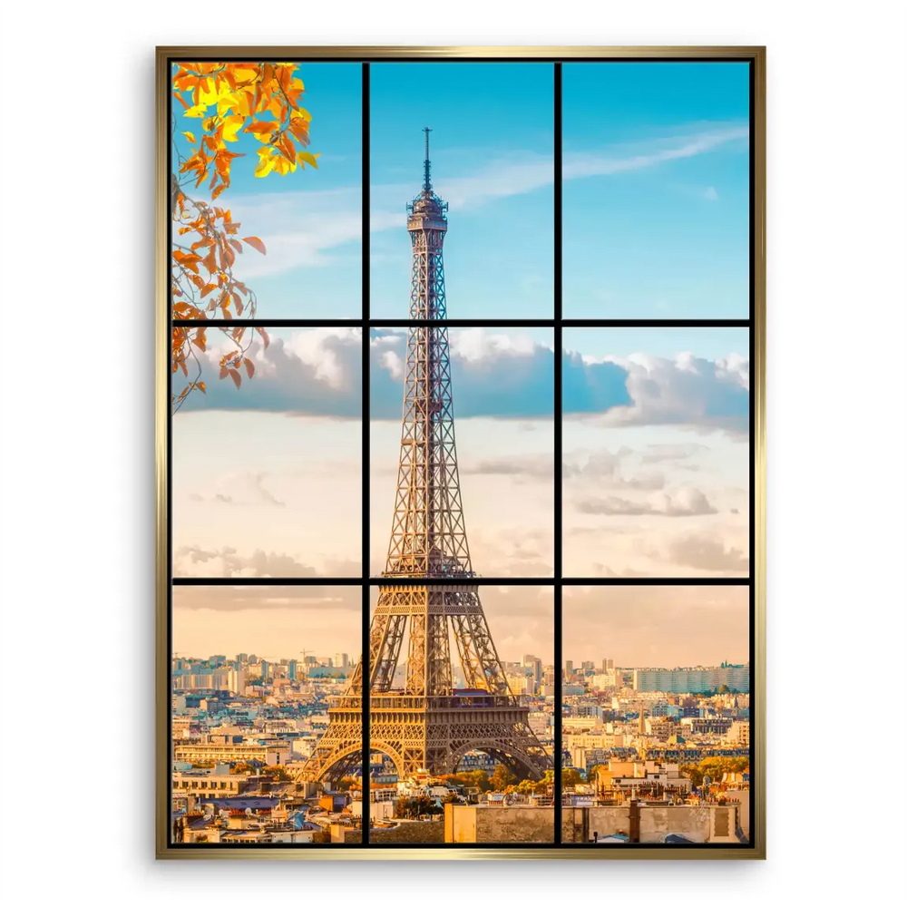 Parisian rooftops and landmarks bathed in soft sunrise tones around the Eiffel Tower.