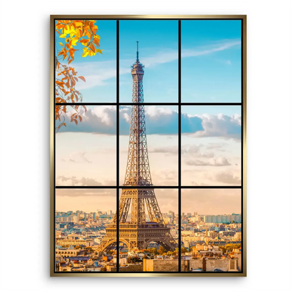 Parisian rooftops and landmarks bathed in soft sunrise tones around the Eiffel Tower.