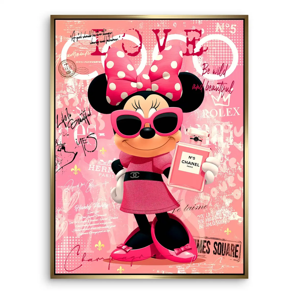 Minnie Mouse fashion statement art with Chanel perfume and bold pink hues canvas
