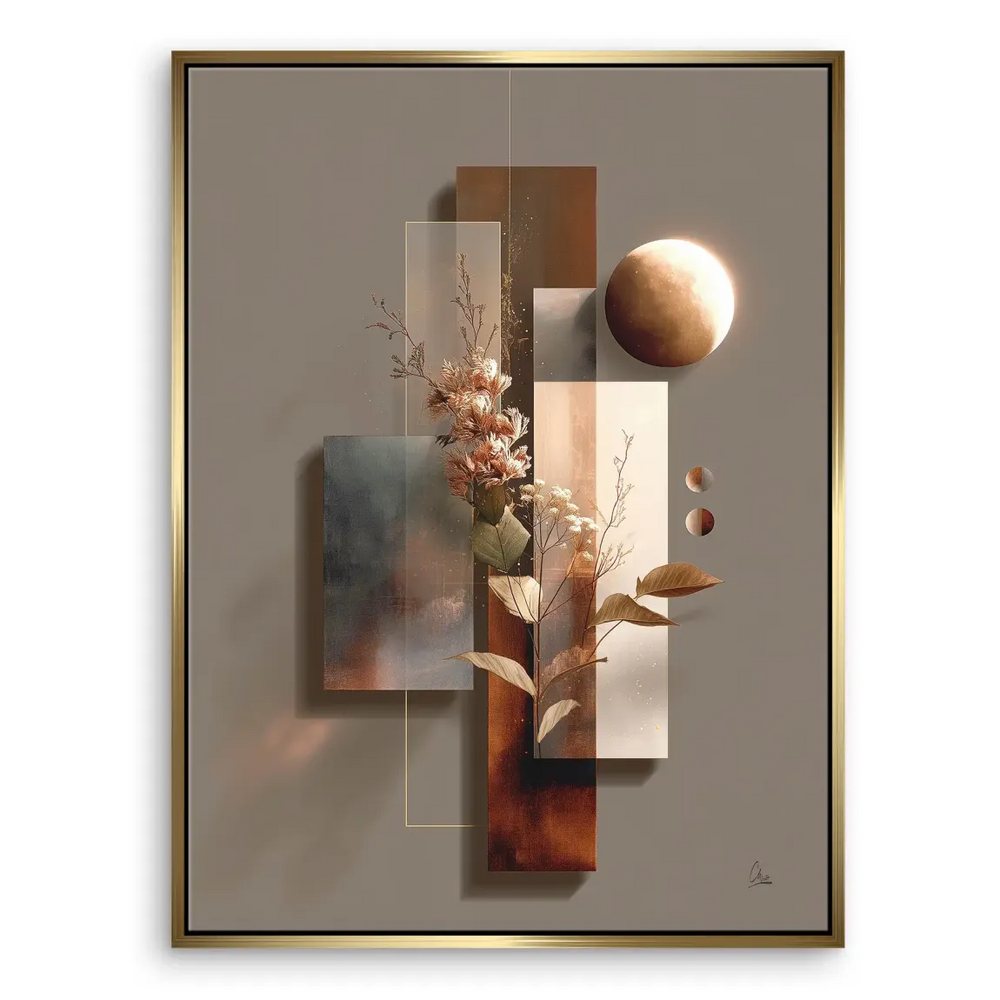 Layered geometric shapes combined with natural branches for a tranquil modern aesthetic.
