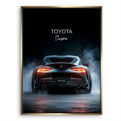 Dramatic car canvas art with taillights and smoky backdrop
