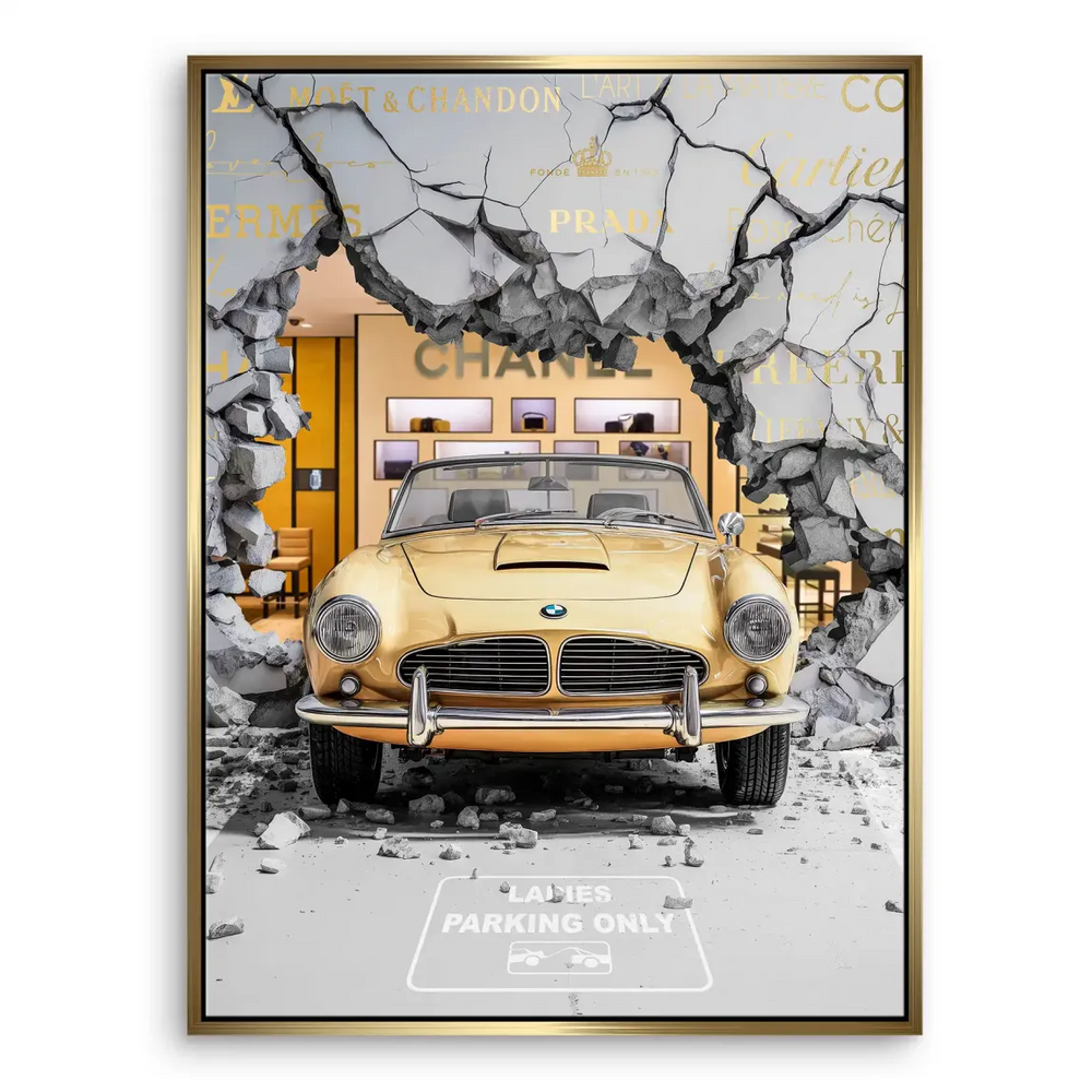 Dynamic composition blending luxury branding with street art vibes.