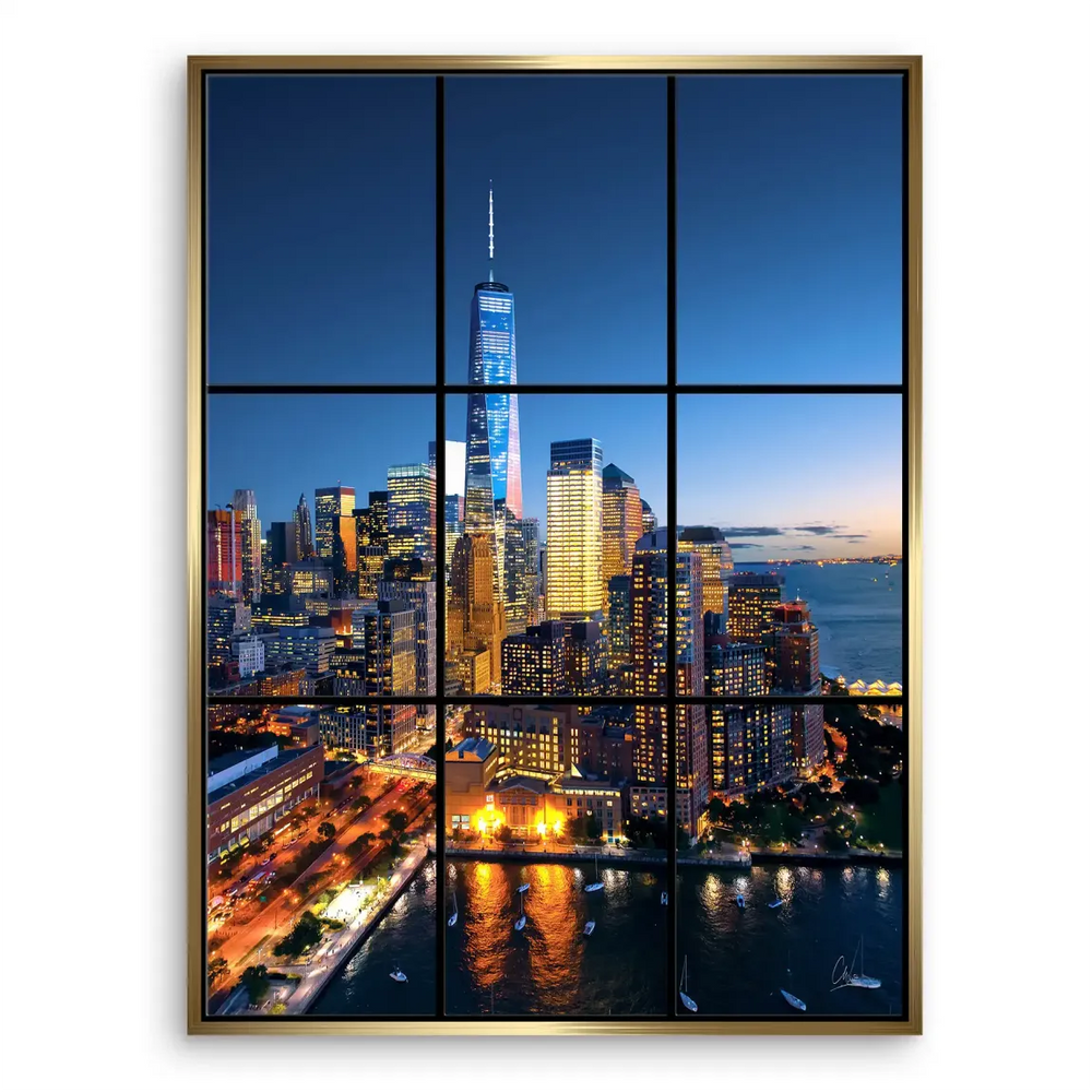 One World Trade Center rises prominently within the skyline at twilight.