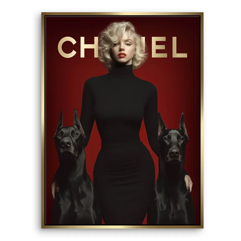 Hollywood-glam style wall art combining vintage cinema glamour with modern fashion in red and gold